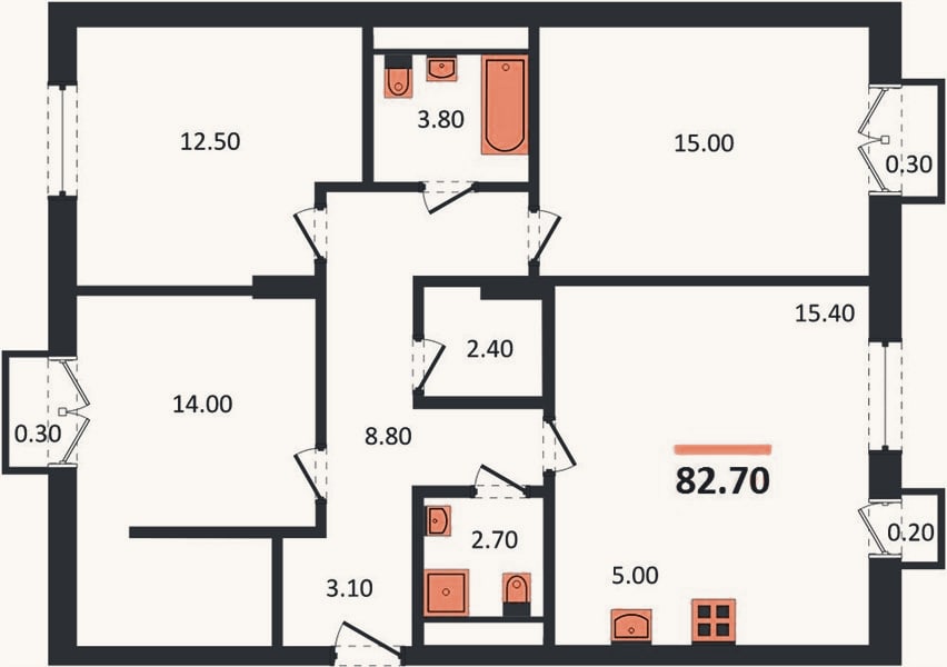 Планировка: 3-к, 82,7 м²