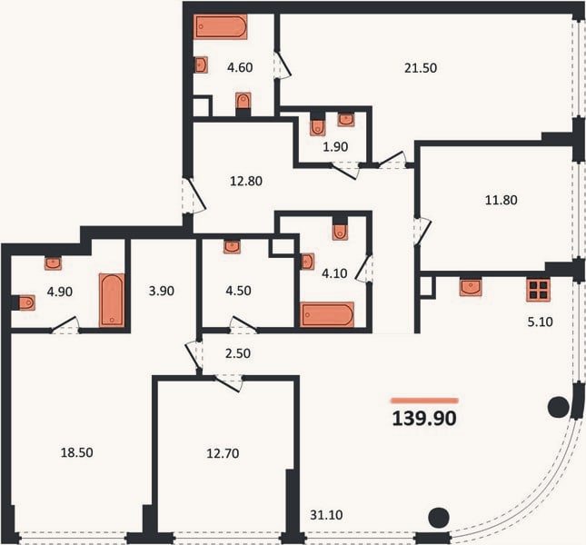 Планировка: 4+ к, 139,9 м²