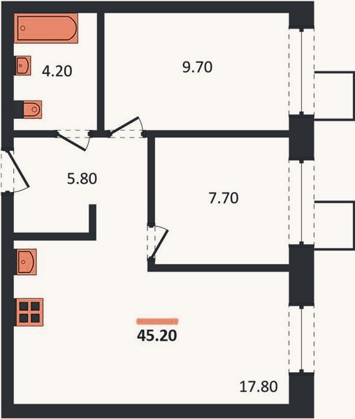 Планировка: 2-к, 45,2 м²