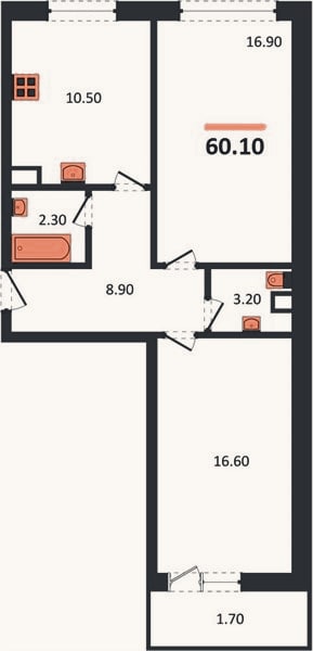 Планировка: 2-к, 60,1 м²