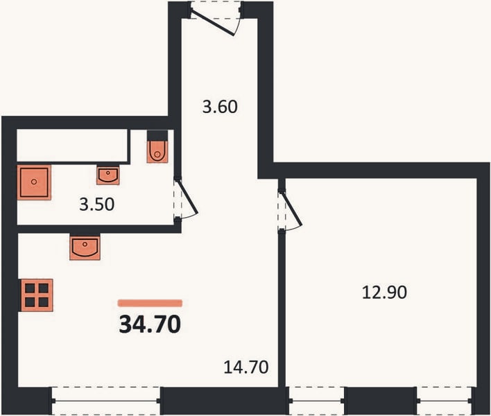 Планировка: 1-к, 34,7 м²