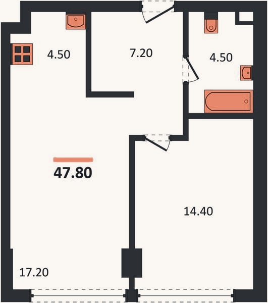 Планировка: 1-к, 47,8 м²