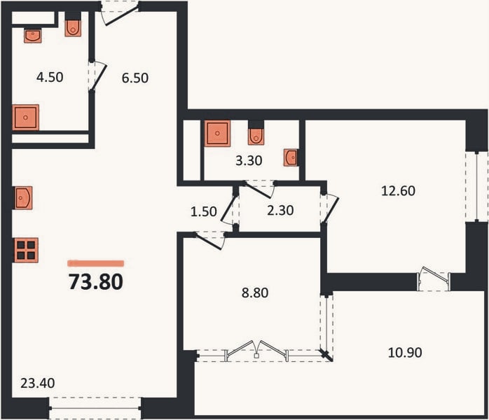 Планировка: 2-к, 73,8 м²