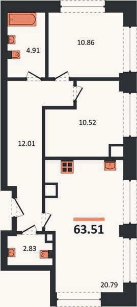 Планировка: 2-к, 63,5 м²