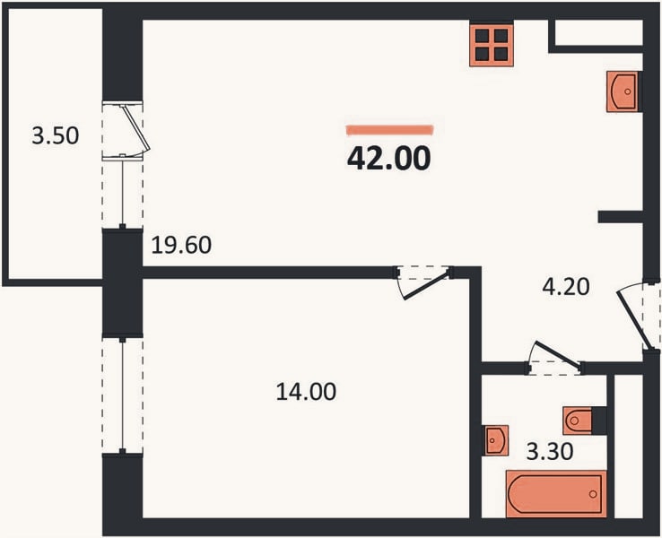Планировка: 1-к, 43 м²