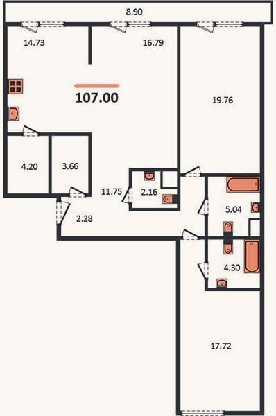 Планировка: 3-к, 107 м²