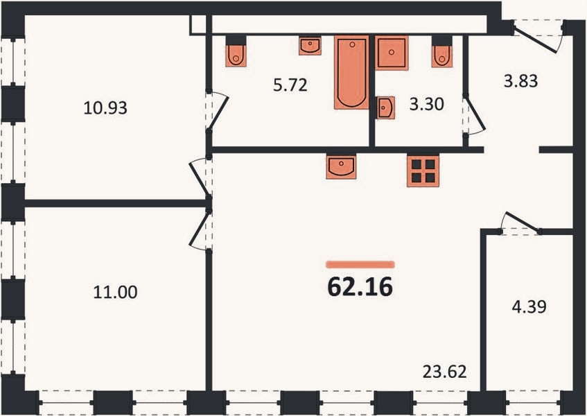 Планировка: 2-к, 62,2 м²