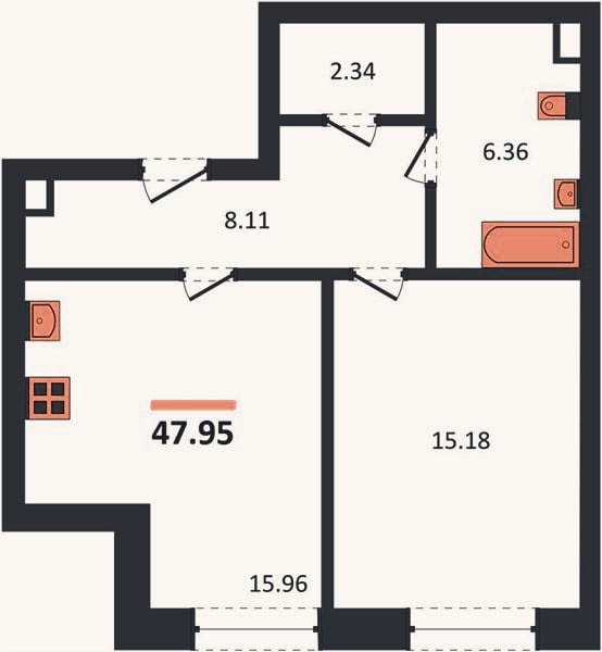 Планировка: 1-к, 48 м²