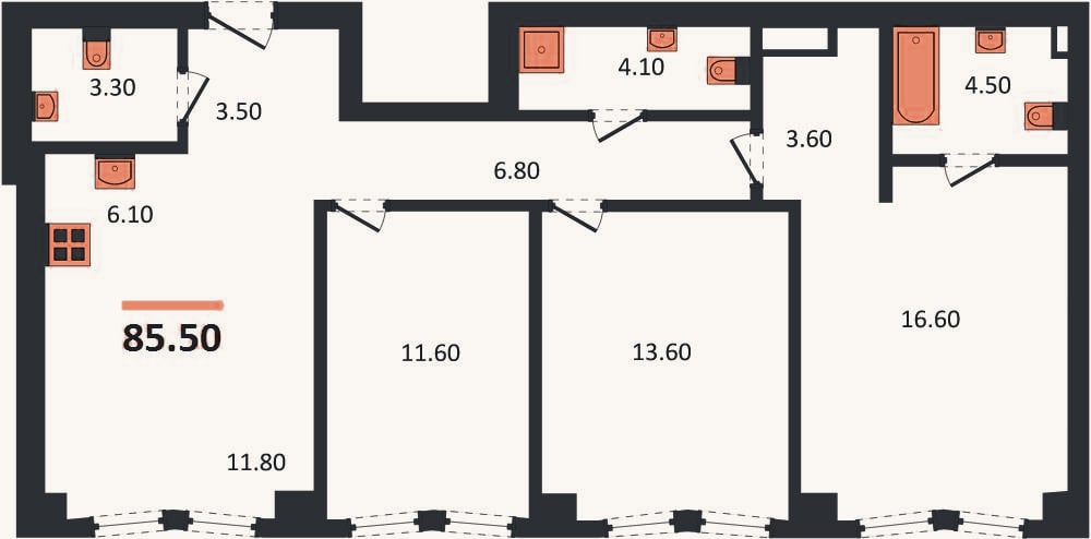 Планировка: 3-к, 85,5 м²
