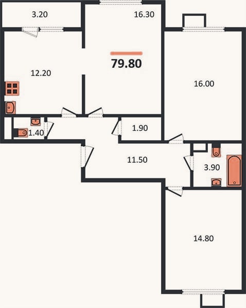 Планировка: 3-к, 79,8 м²