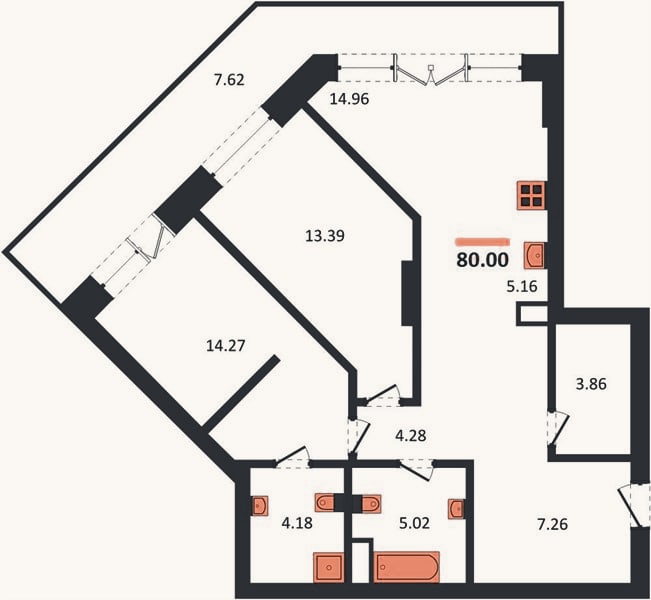 Планировка: 2-к, 80 м²