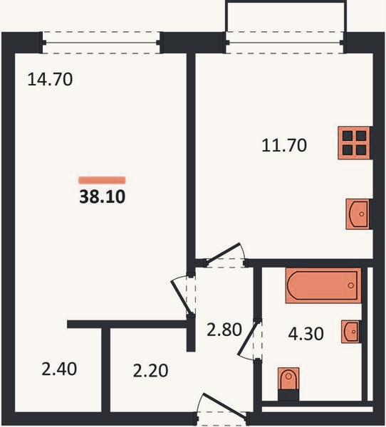 Планировка: 1-к, 38,1 м²
