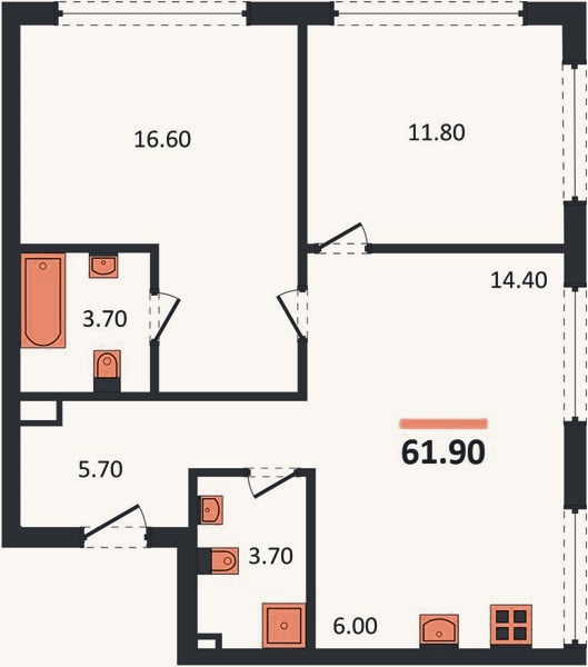 Планировка: 2-к, 61,9 м²