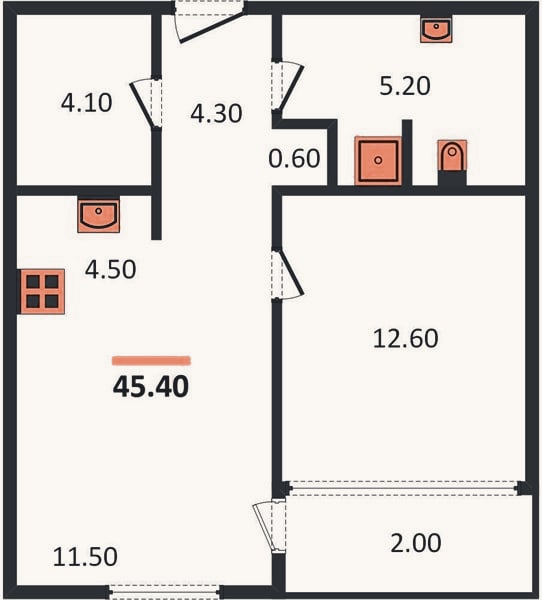 Планировка: 1-к, 45,4 м²