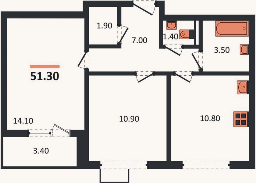 Планировка: 2-к, 51,3 м²