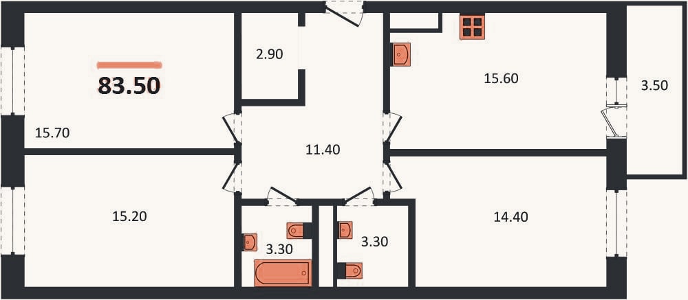 Планировка: 3-к, 83,5 м²