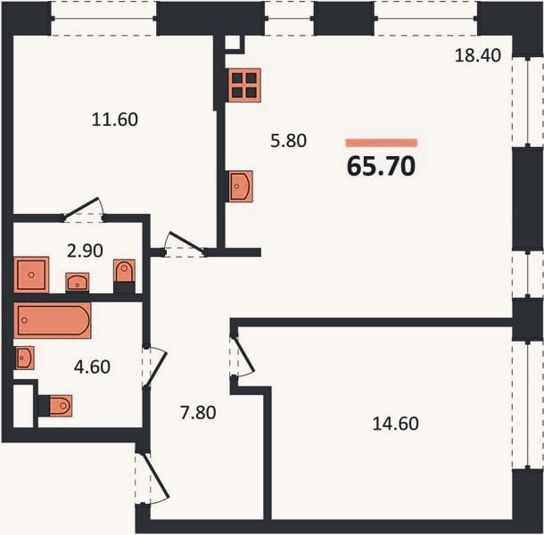 Планировка: 2-к, 65,7 м²