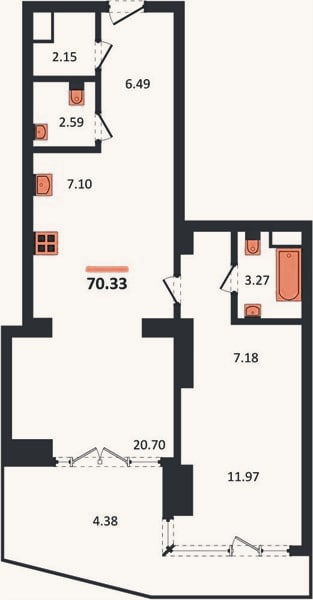 Планировка: 1-к, 70,3 м²