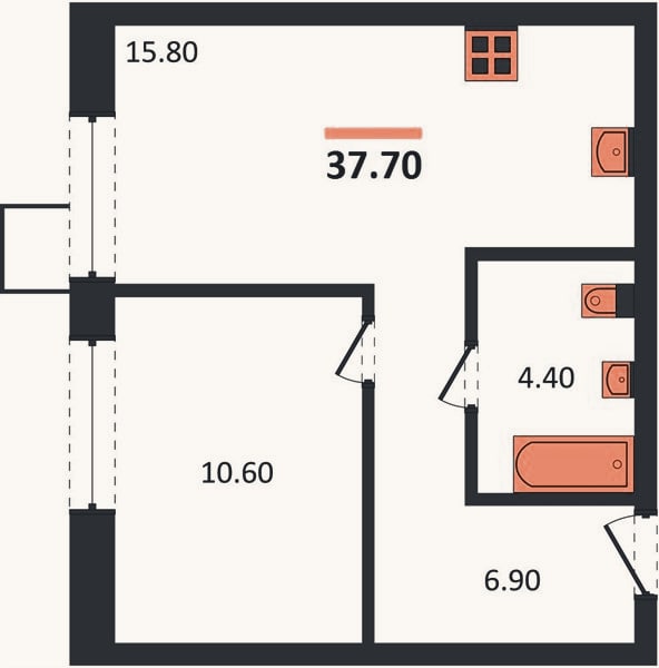 Планировка: 1-к, 37,7 м²