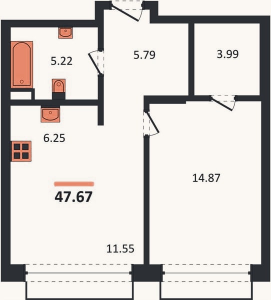 Планировка: 1-к, 47,7 м²