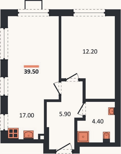 Планировка: 1-к, 39,5 м²