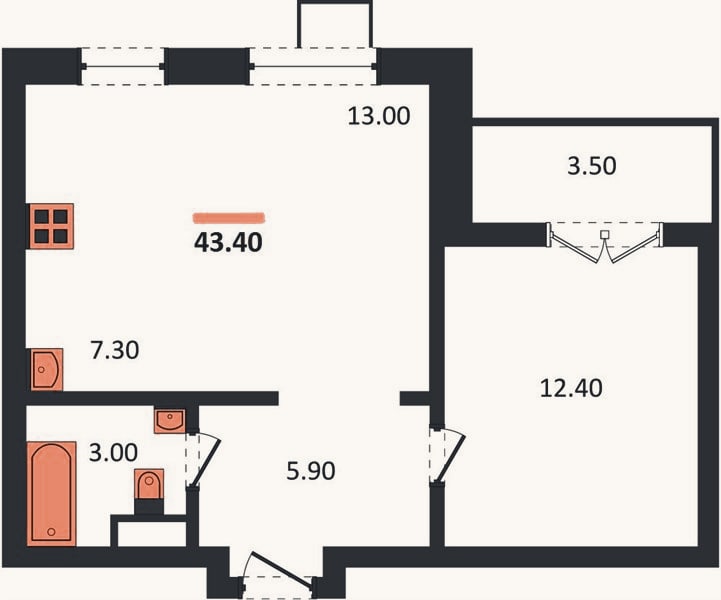 Планировка: 1-к, 43,4 м²