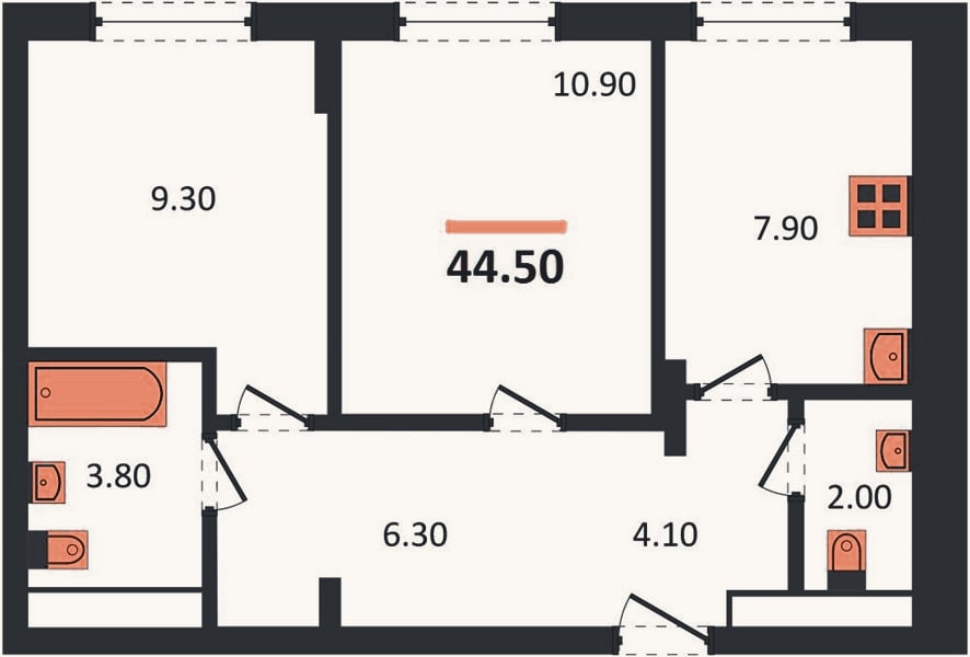 Планировка: 2-к, 44,5 м²