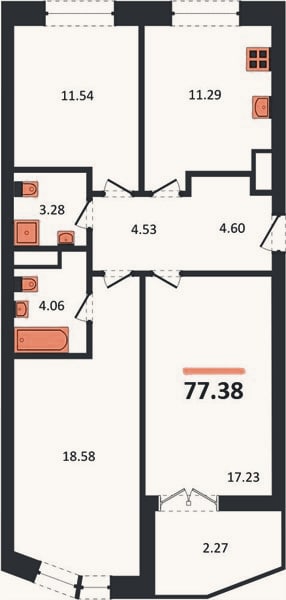 Планировка: 3-к, 77,4 м²