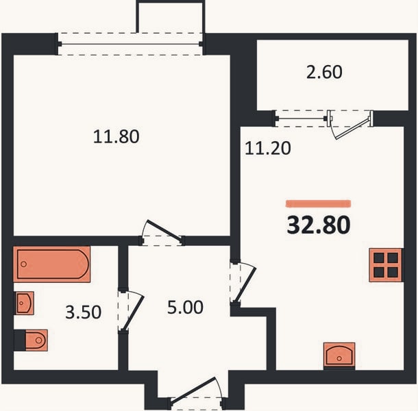 Планировка: 1-к, 32,8 м²