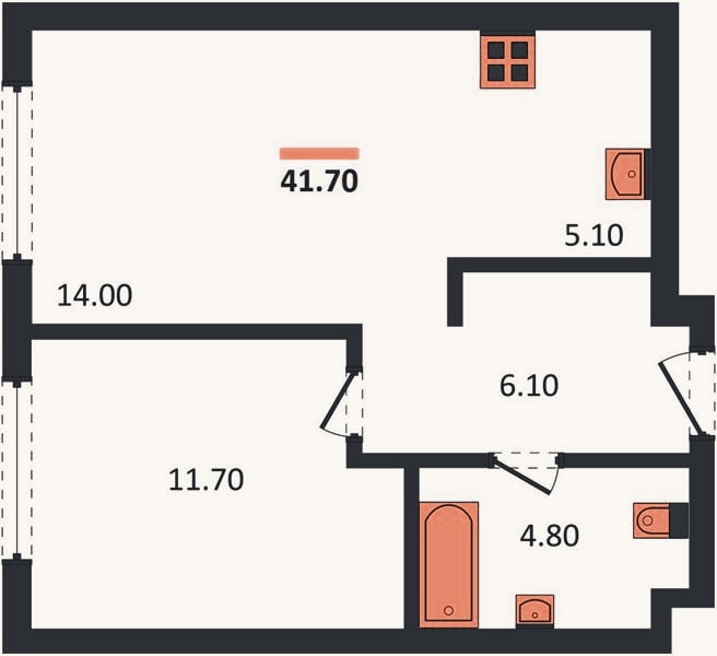 Планировка: 1-к, 41,7 м²
