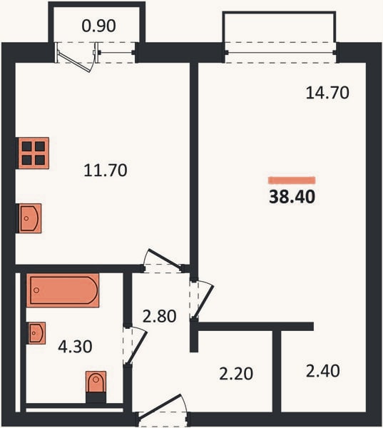 Планировка: 1-к, 38,4 м²