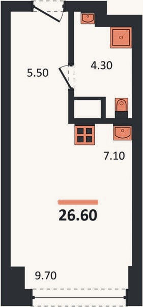 Планировка: Студия, 26,6 м²