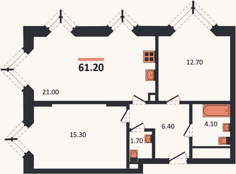 Планировка: 2-к, 61,2 м²