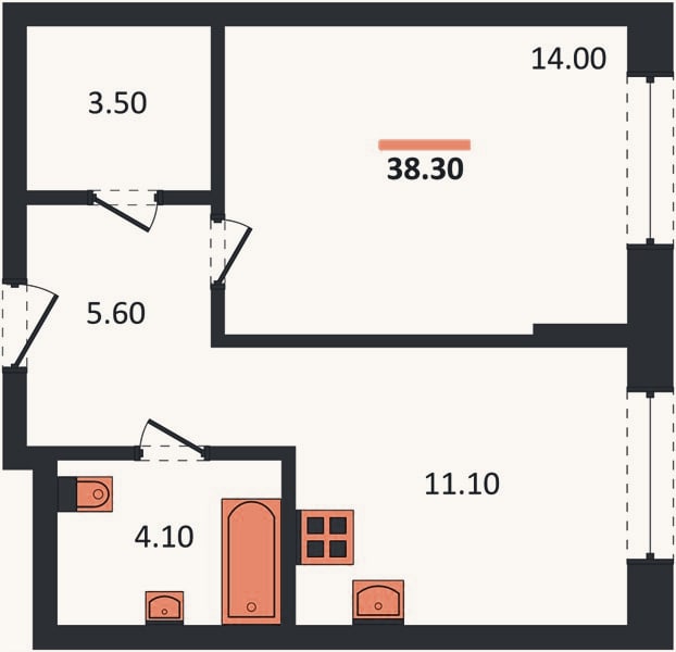 Планировка: 1-к, 38,3 м²