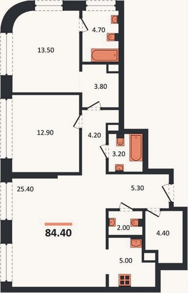 Планировка: 2-к, 84,4 м²