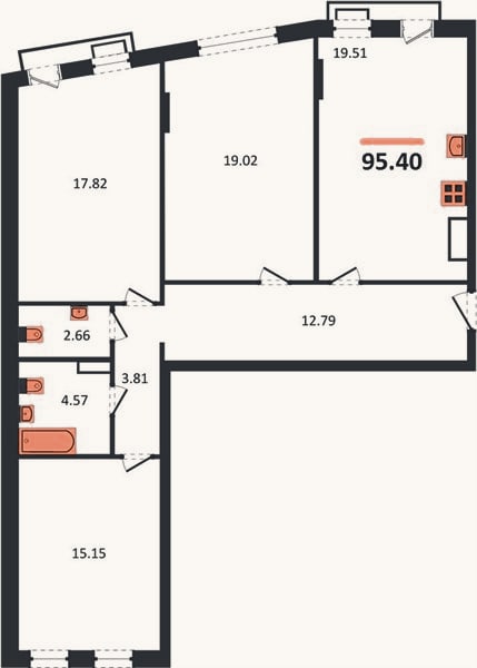 Планировка: 3-к, 95,4 м²