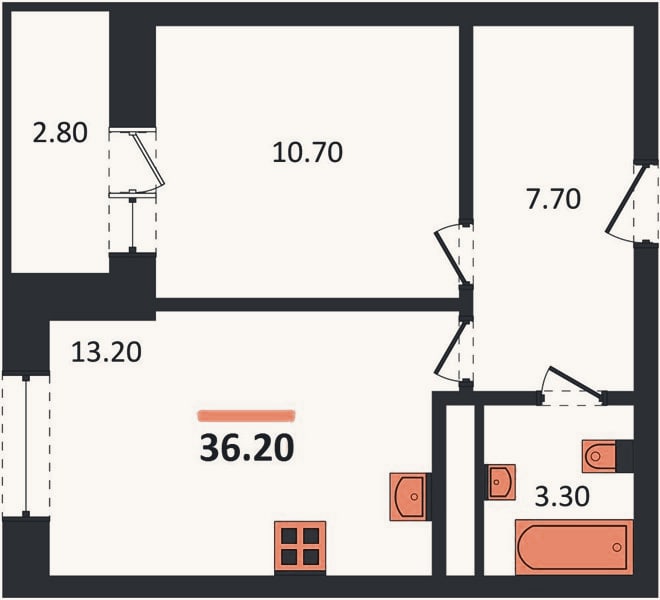 Планировка: 1-к, 36,2 м²