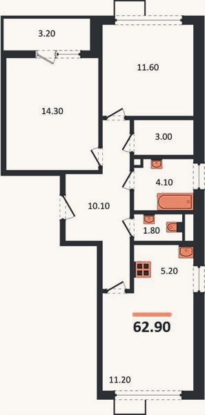Планировка: 2-к, 62,9 м²