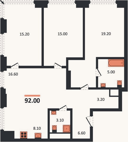 Планировка: 3-к, 92 м²