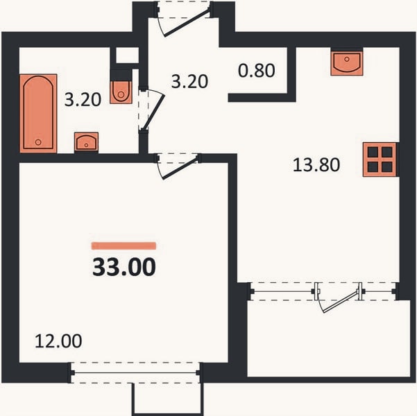 Планировка: 1-к, 33 м²
