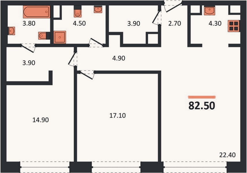 Планировка: 2-к, 82,5 м²