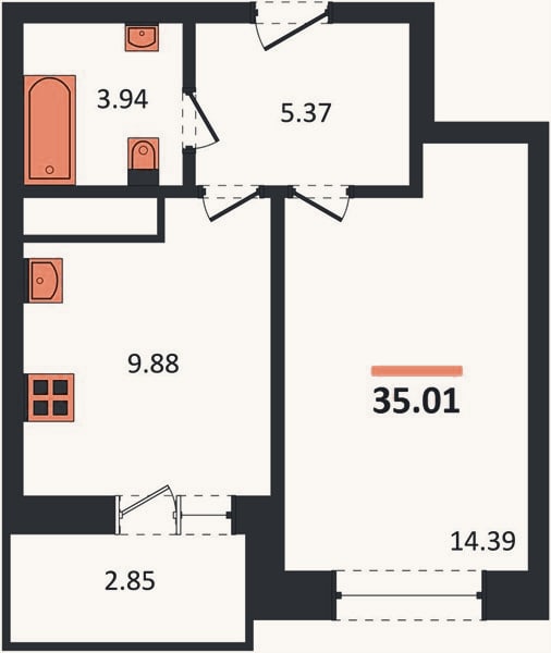 Планировка: 1-к, 35 м²