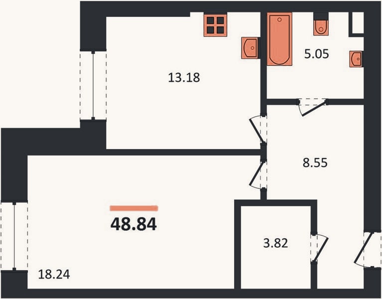 Планировка: 1-к, 48,8 м²