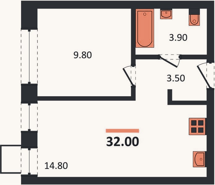 Планировка: 1-к, 32 м²