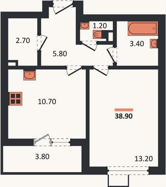 Планировка: 1-к, 38,9 м²