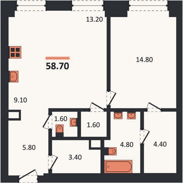 Планировка: 1-к, 58,7 м²