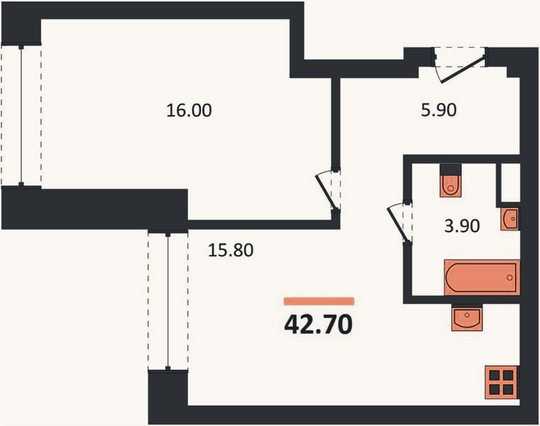 Планировка: 1-к, 42,7 м²