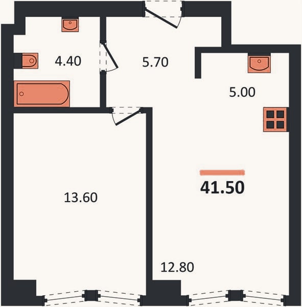 Планировка: 1-к, 41,5 м²