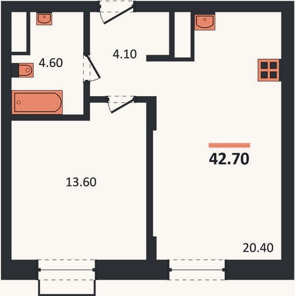 Планировка: 1-к, 42,7 м²