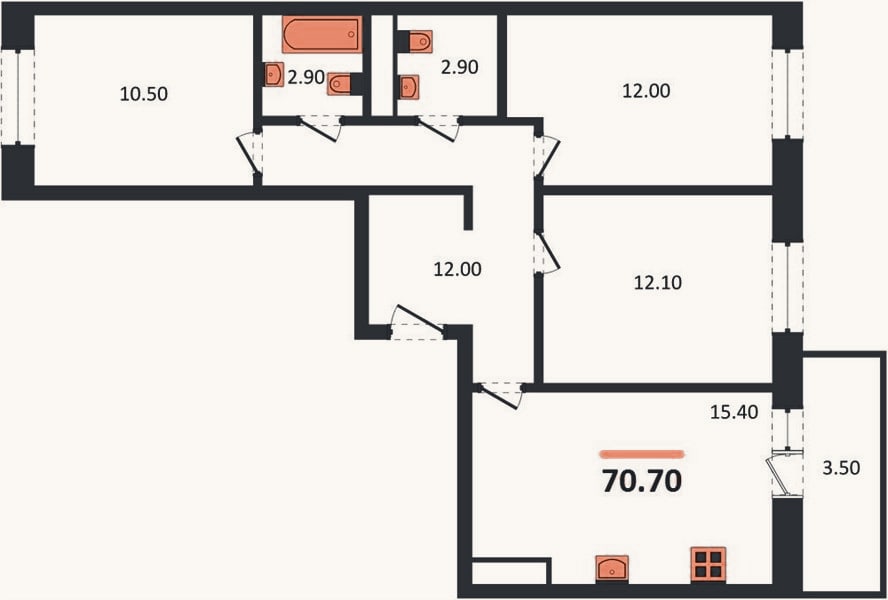 Планировка: 3-к, 70,7 м²